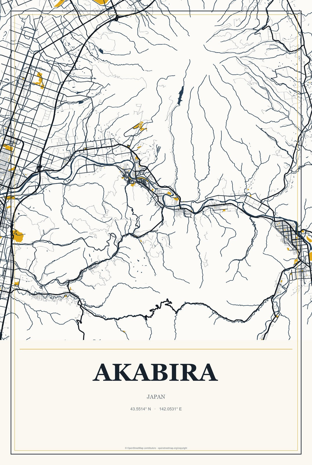 Akabira, Japan City Map Aluminum Sign in Citrine Modern style