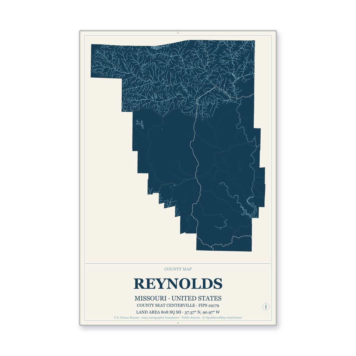 Reynolds County, Missouri Map Aluminum Sign in Coastal Cutout style
