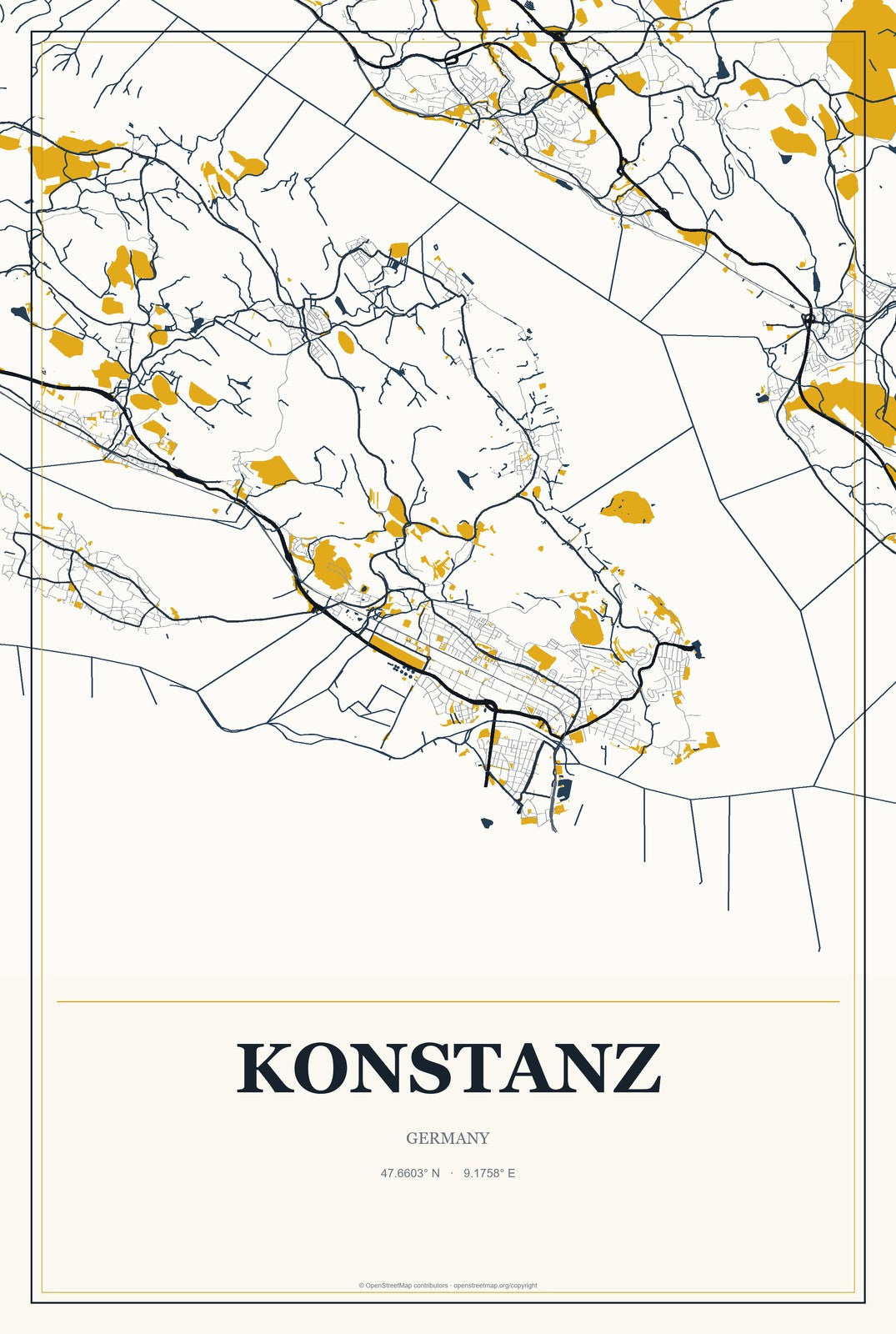 Konstanz, Germany City Map Aluminum Sign in Citrine Modern style