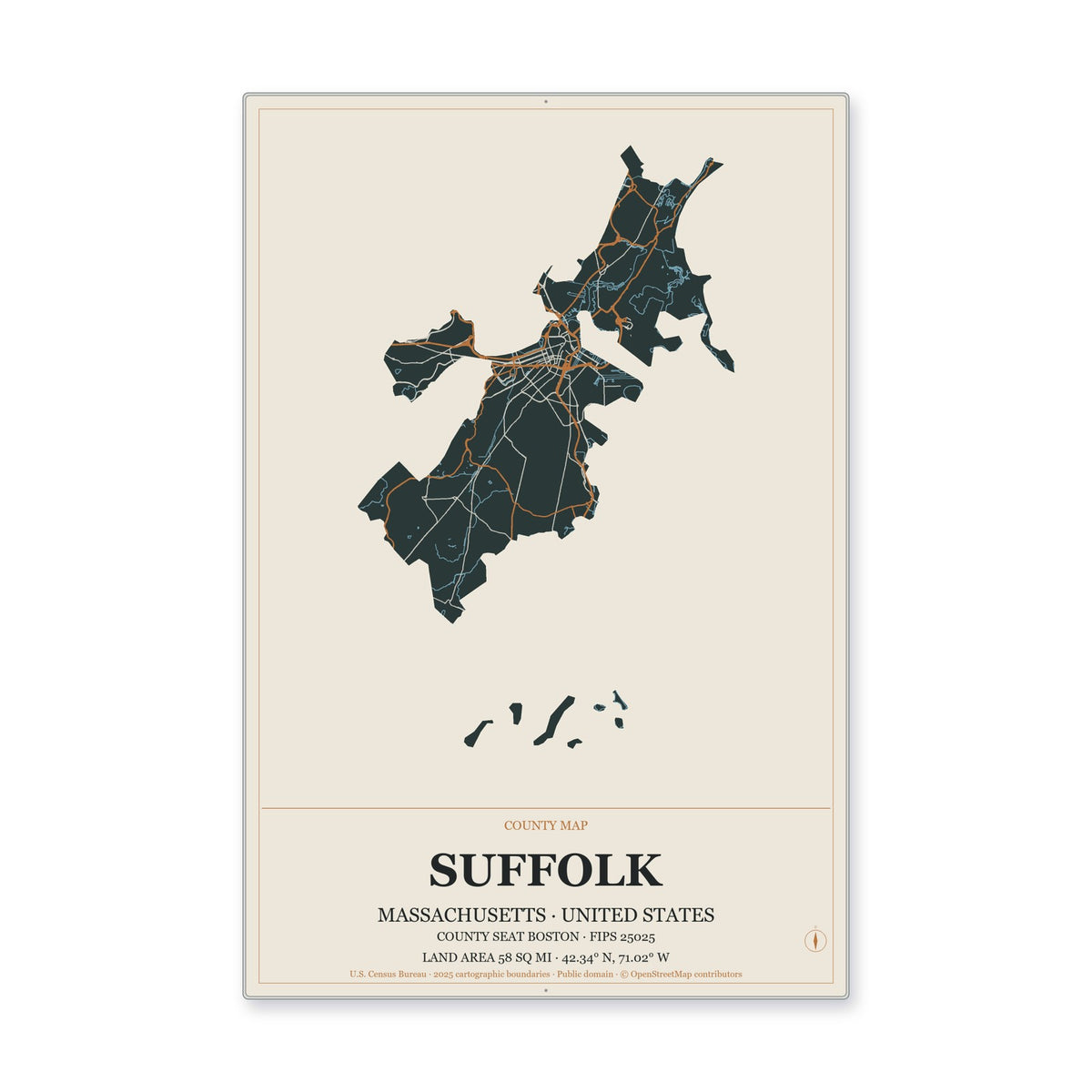 Suffolk County, Massachusetts Map Aluminum Sign in Headline Atlas style