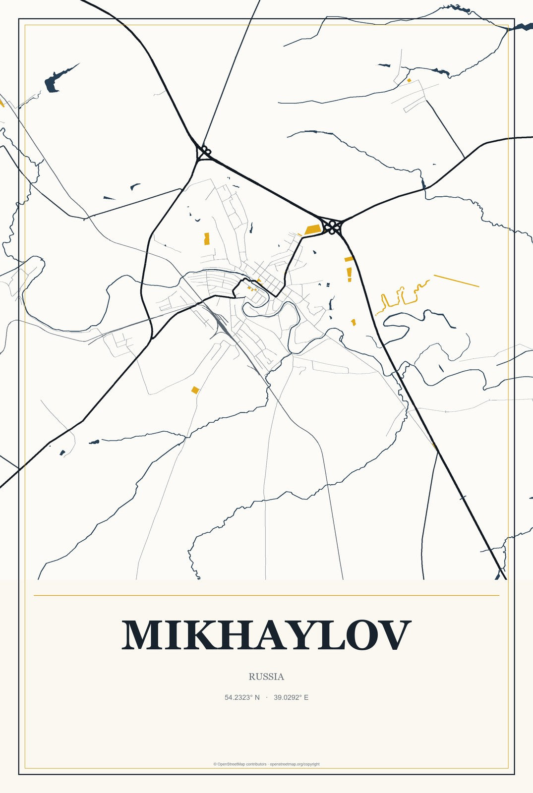 Mikhaylov, Russia City Map Aluminum Sign in Citrine Modern style