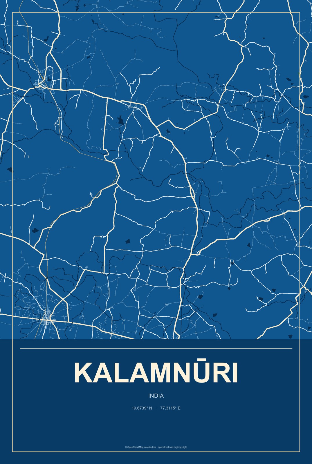 Kalamnūri, India City Map Aluminum Sign in Harbor Cobalt style