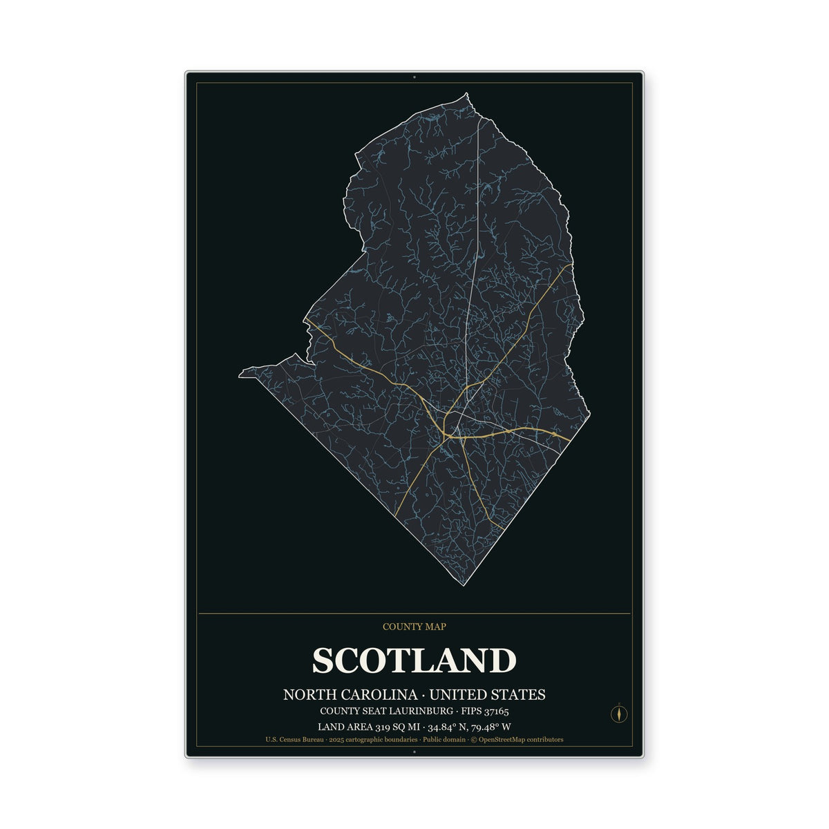 Scotland County, North Carolina Map Aluminum Sign in Metropolitan Noir style
