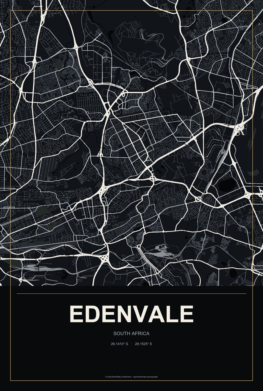 Edenvale, South Africa City Map Aluminum Sign in Metropolitan Noir style