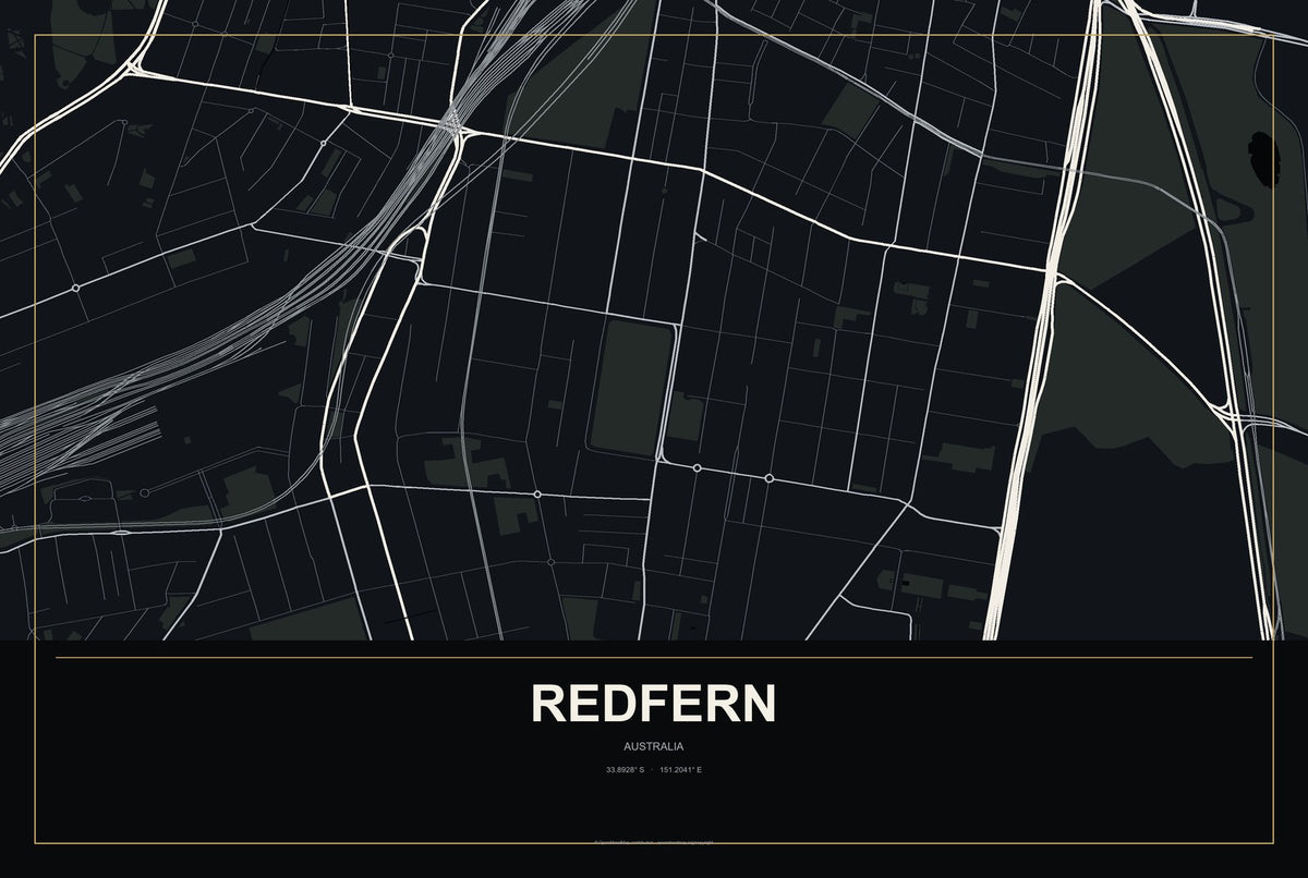 Redfern, Australia City Map Aluminum Sign in Metropolitan Noir style