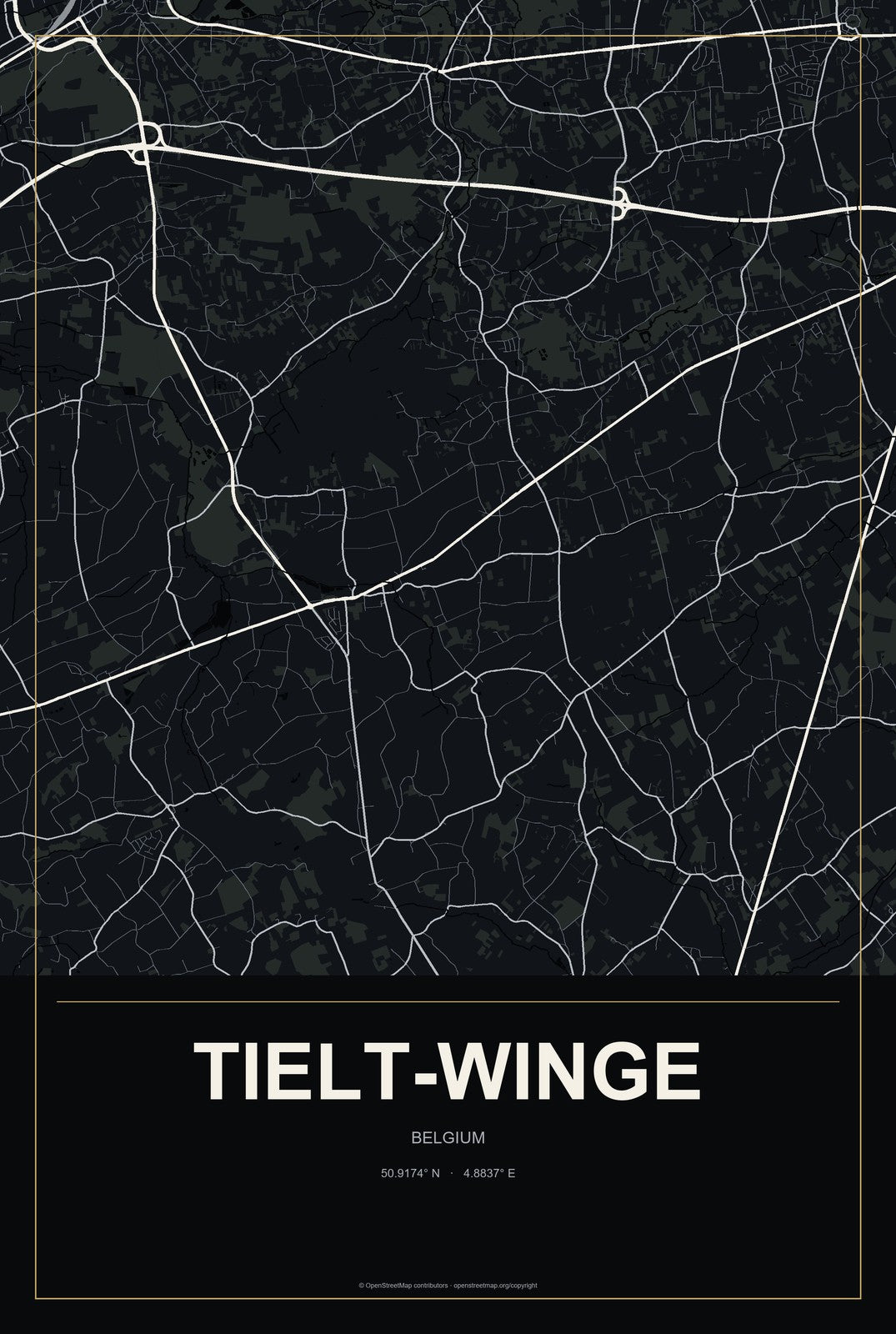 Tielt-Winge, Belgium City Map Aluminum Sign in Metropolitan Noir style
