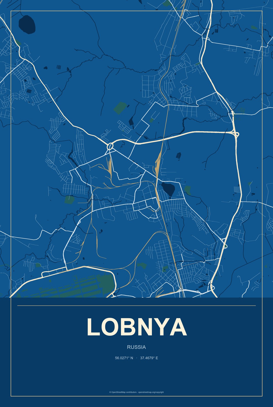 Lobnya, Russia City Map Aluminum Sign in Harbor Cobalt style