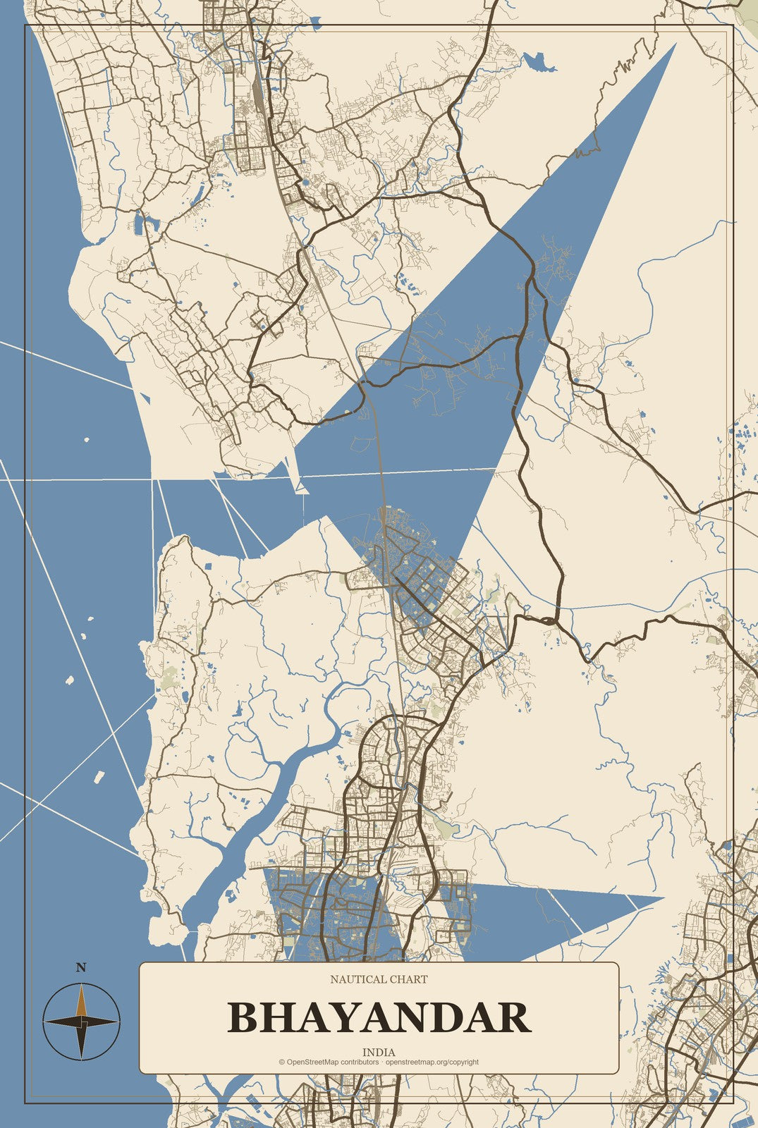 Bhayandar, India City Map Aluminum Sign in Heritage Nautical style