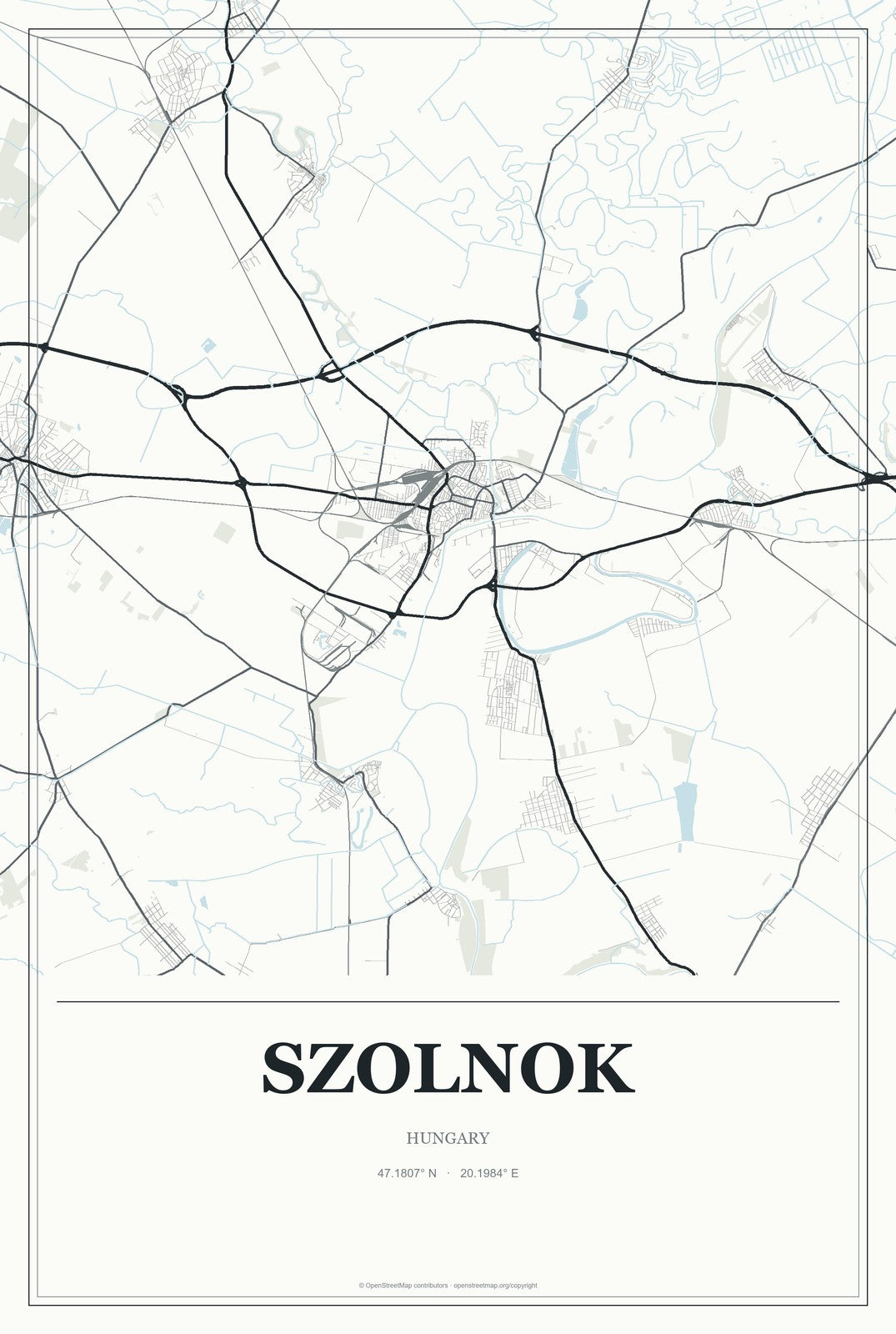 Szolnok, Hungary City Map Aluminum Sign in Gallery Air style