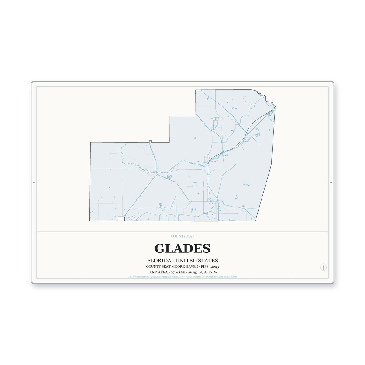 Glades County, Florida Map Aluminum Sign in Gallery Air style