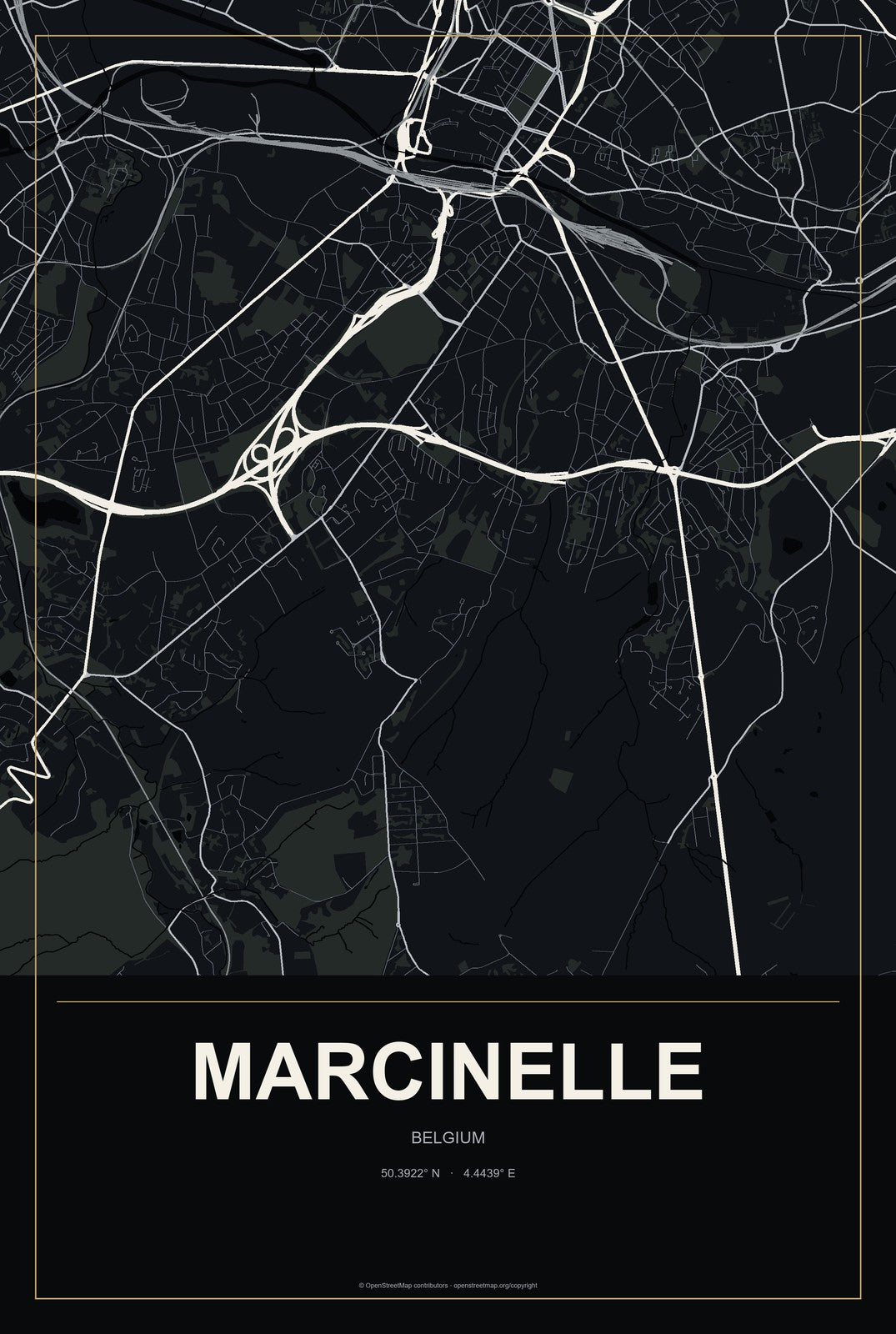 Marcinelle, Belgium City Map Aluminum Sign in Metropolitan Noir style