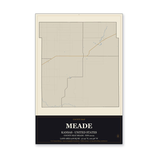 Meade County, Kansas Map Aluminum Sign in Museum Plaque style