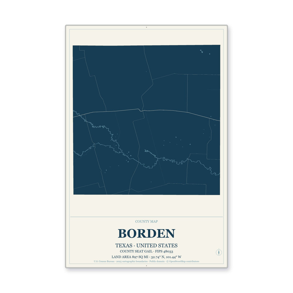 Borden County, Texas Map Aluminum Sign in Coastal Cutout style
