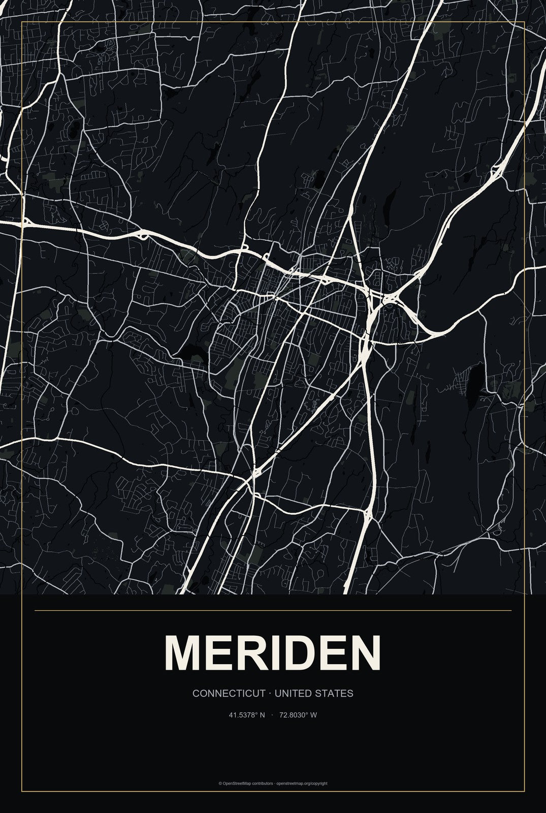 Meriden, Connecticut City Map Aluminum Sign in Metropolitan Noir style