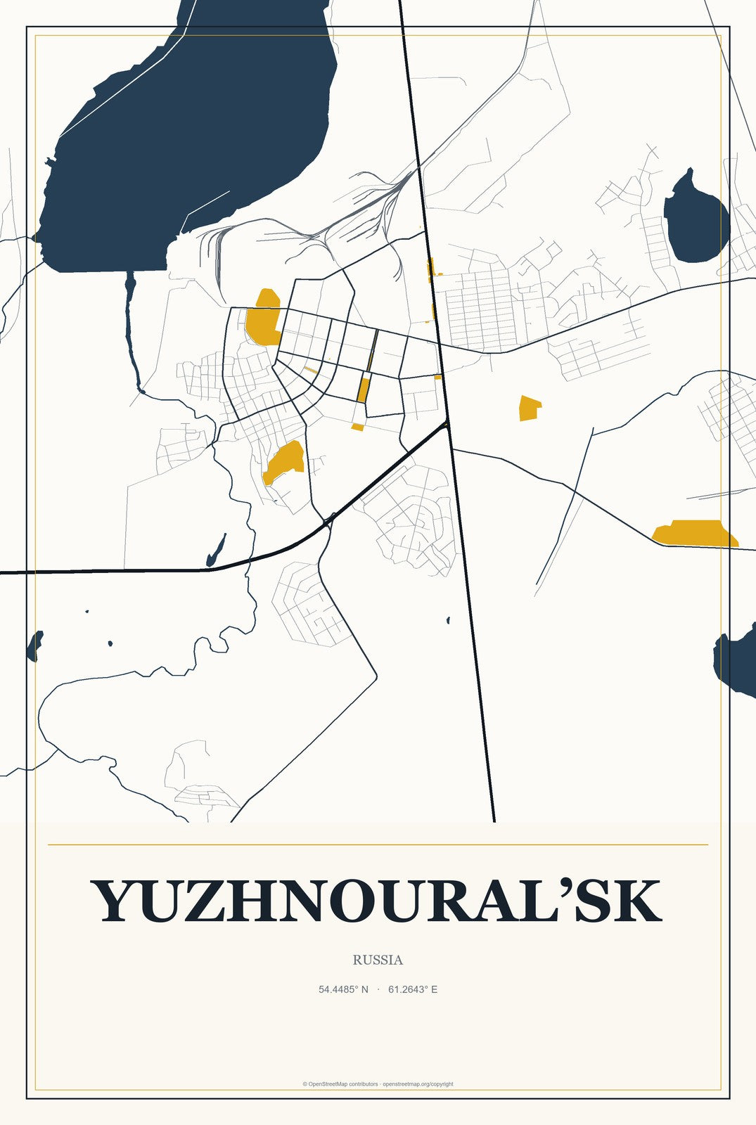 Yuzhnoural’sk, Russia City Map Aluminum Sign in Citrine Modern style