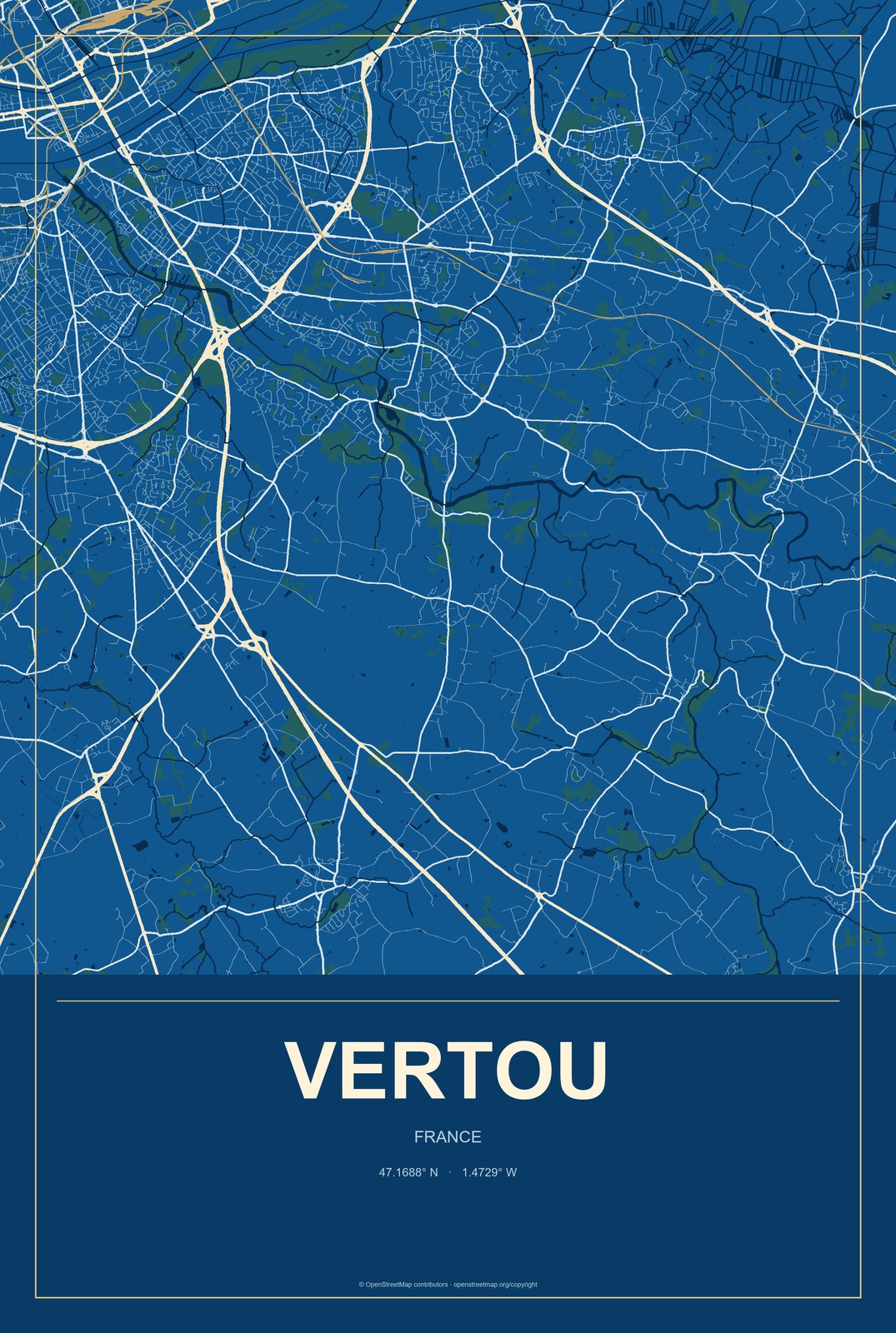 Vertou, France City Map Aluminum Sign in Harbor Cobalt style