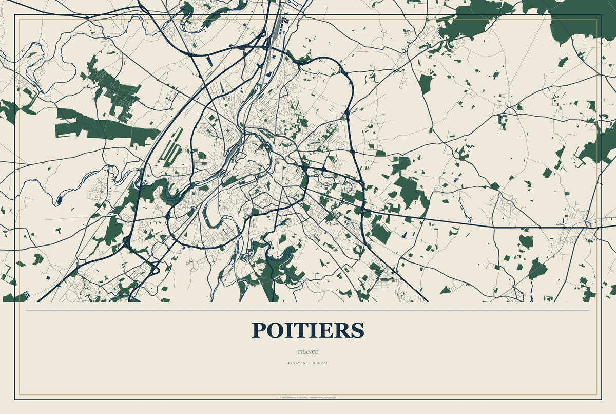 Poitiers, France City Map Aluminum Sign in Coastal Cutout style