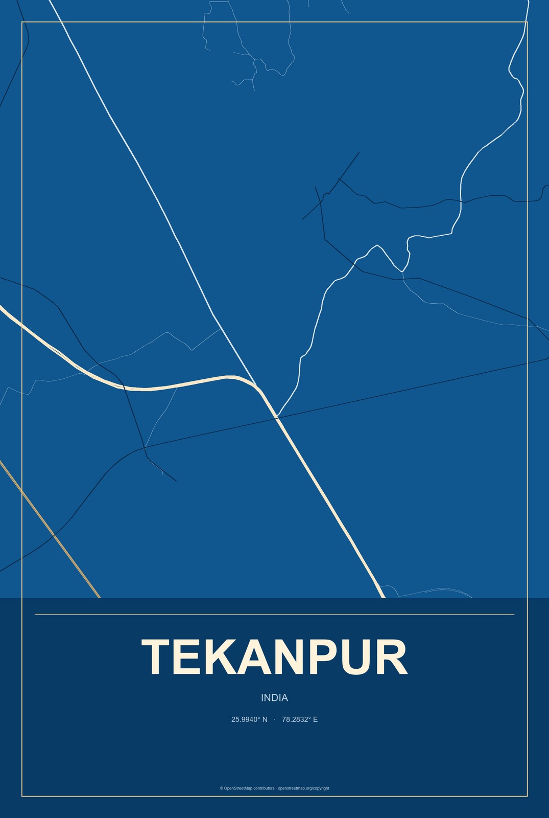 Tekanpur, India City Map Aluminum Sign in Harbor Cobalt style