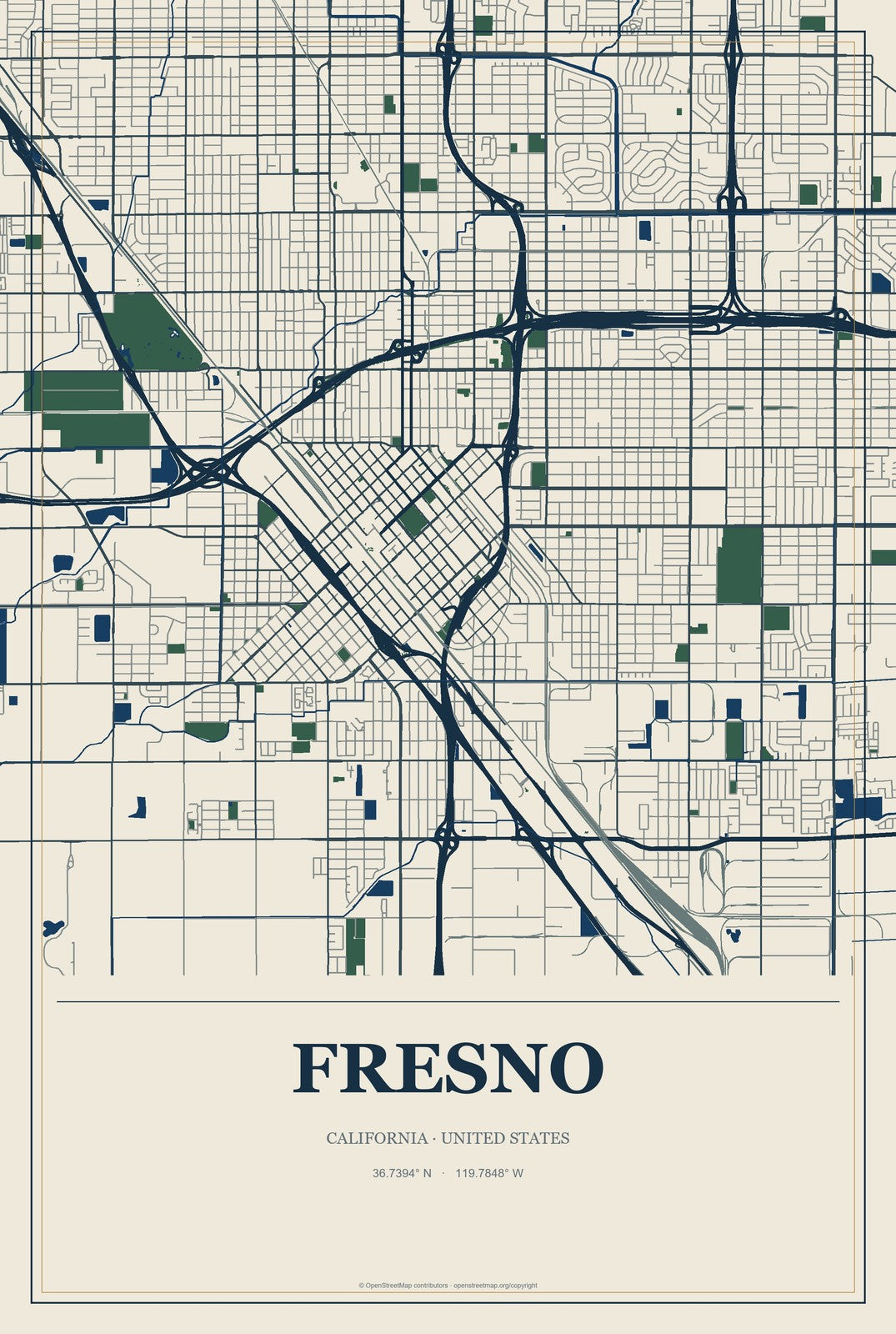 Fresno, California City Map Aluminum Sign in Coastal Cutout style