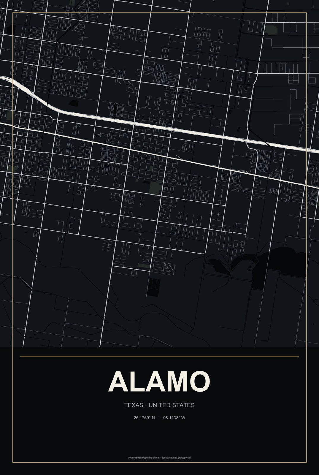 Alamo, Texas City Map Aluminum Sign in Metropolitan Noir style