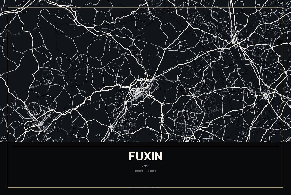 Fuxin, China City Map Aluminum Sign in Metropolitan Noir style