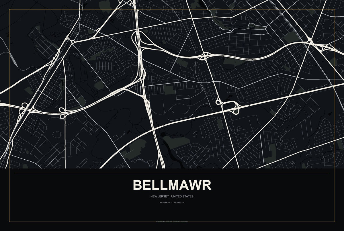 Bellmawr, New Jersey City Map Aluminum Sign in Metropolitan Noir style