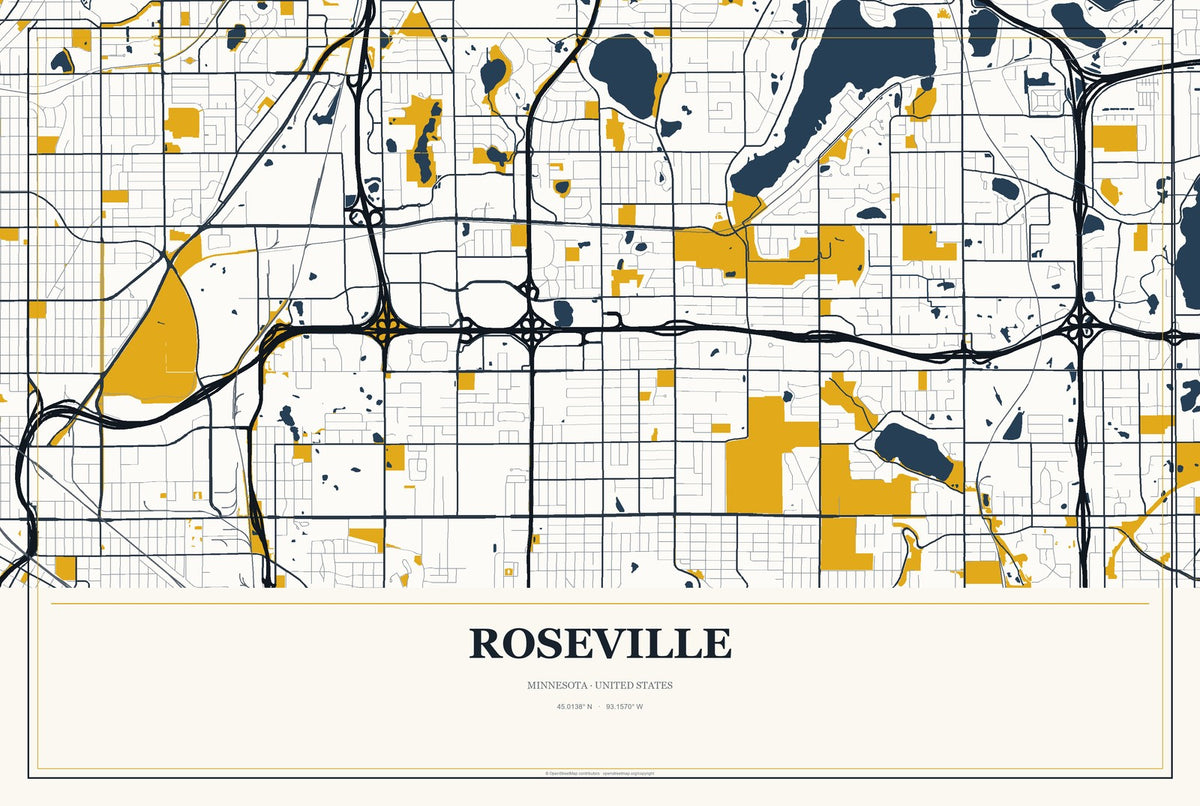 Roseville, Minnesota City Map Aluminum Sign in Citrine Modern style