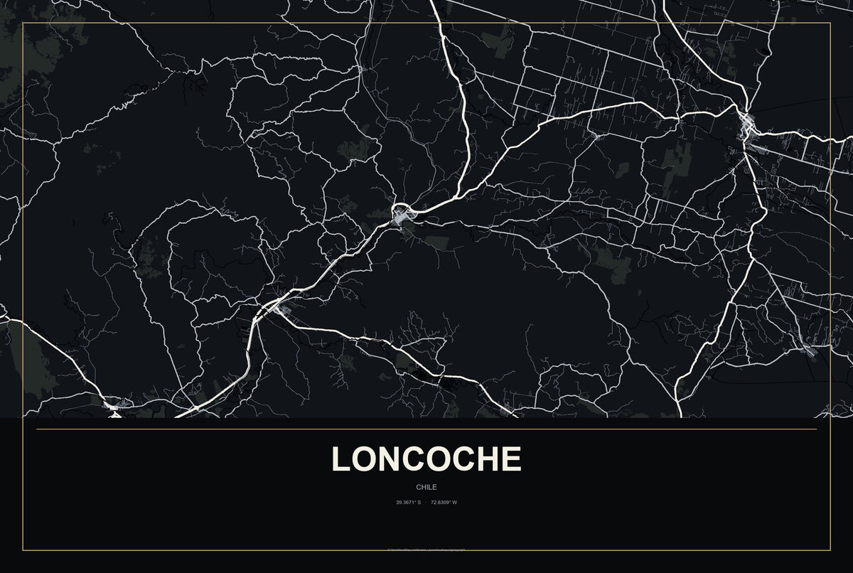 Loncoche, Chile City Map Aluminum Sign in Metropolitan Noir style