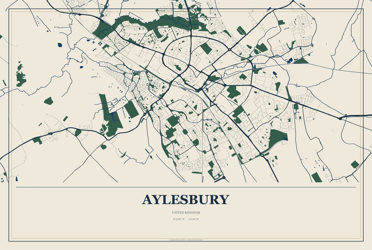 Aylesbury, United Kingdom City Map Aluminum Sign in Coastal Cutout style