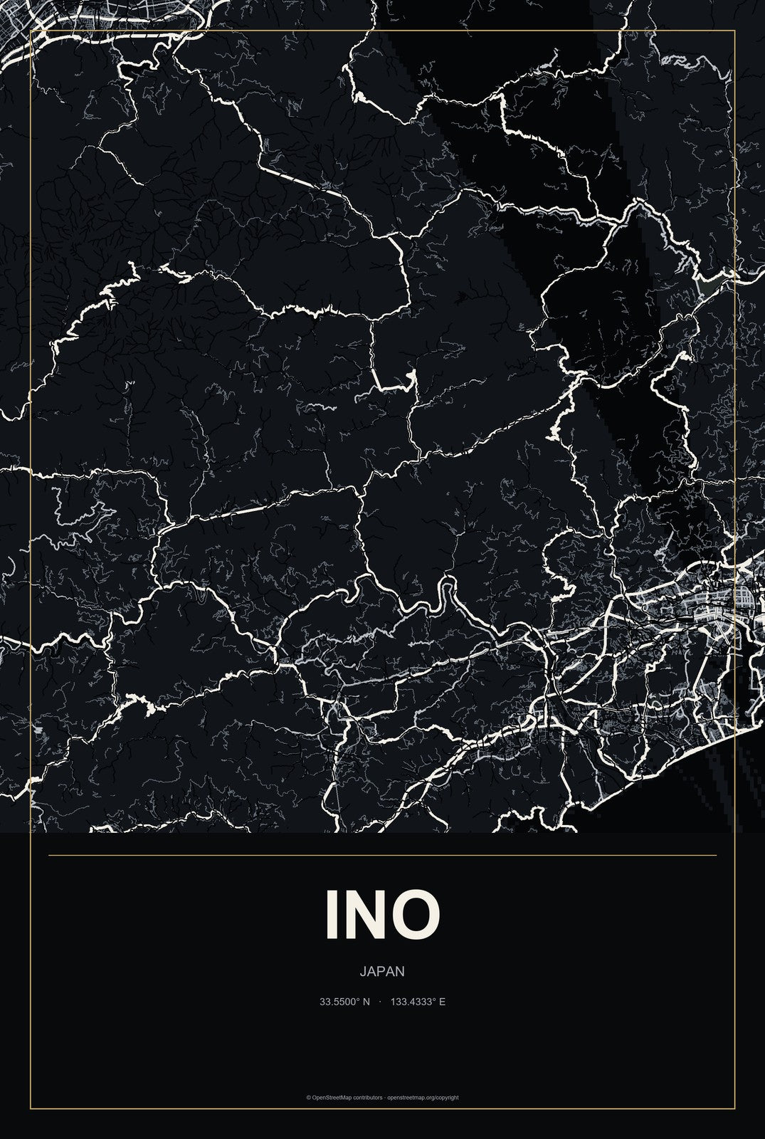 Ino, Japan City Map Aluminum Sign in Metropolitan Noir style