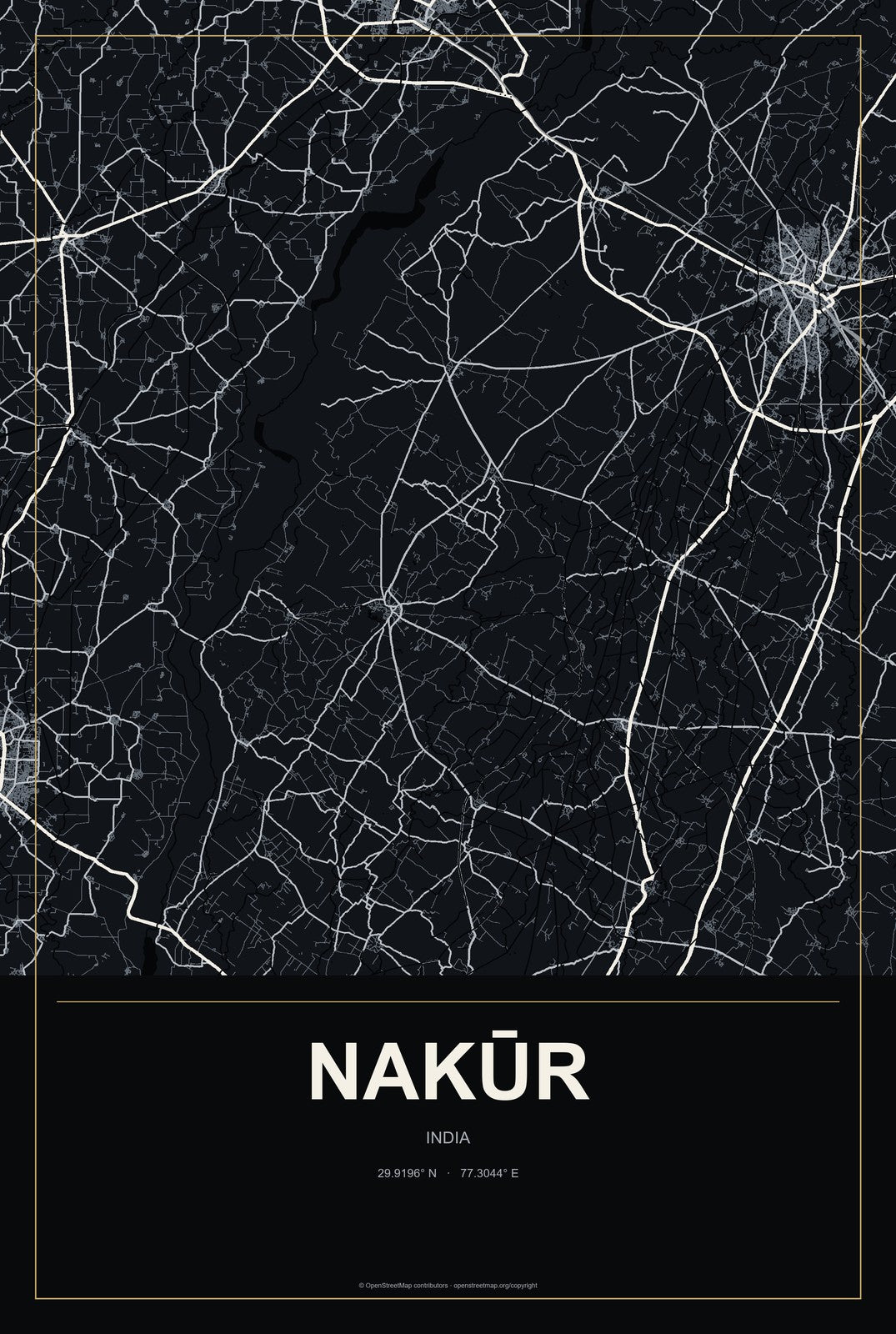 Nakūr, India City Map Aluminum Sign in Metropolitan Noir style