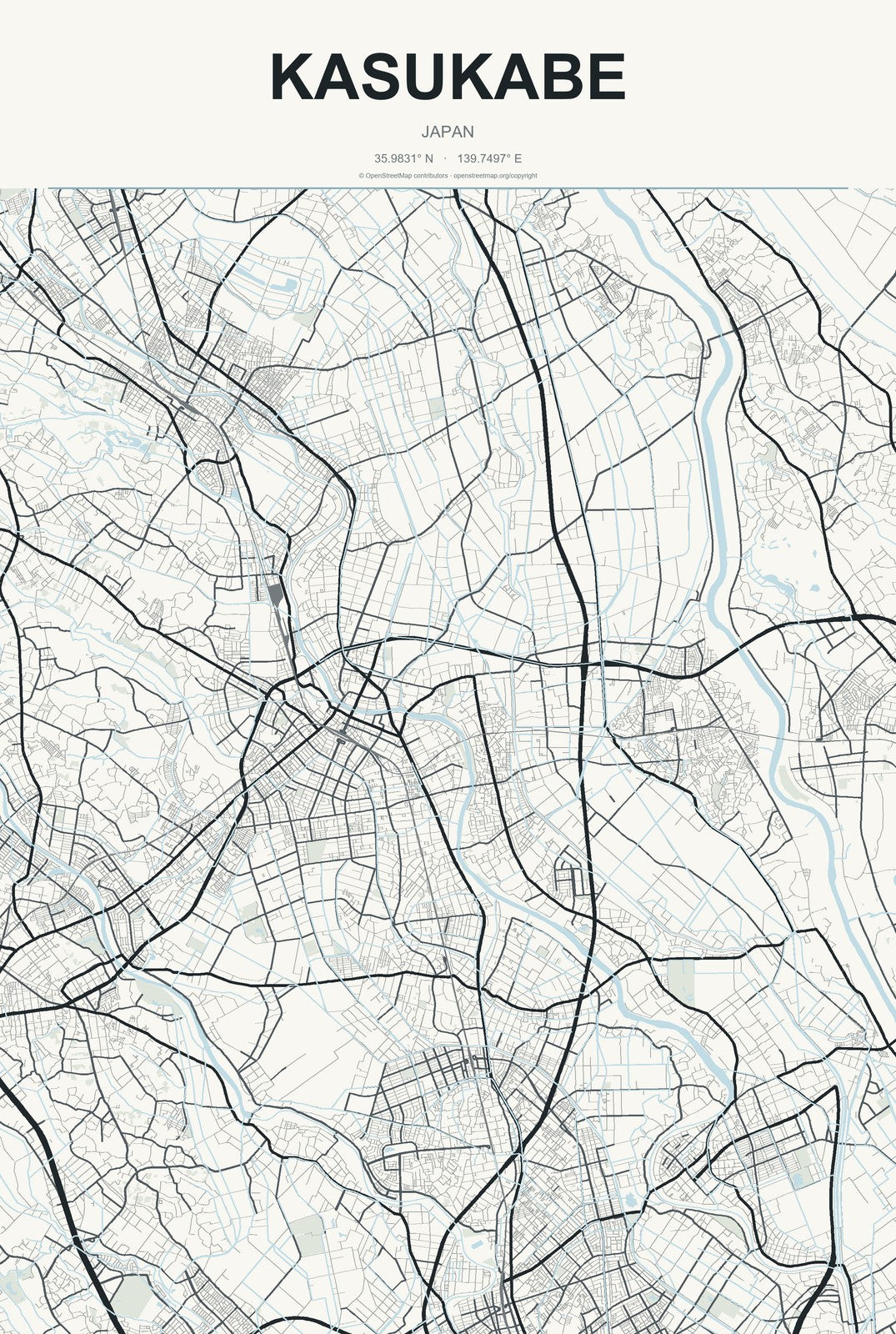 Kasukabe, Japan City Map Aluminum Sign in Headline Atlas style