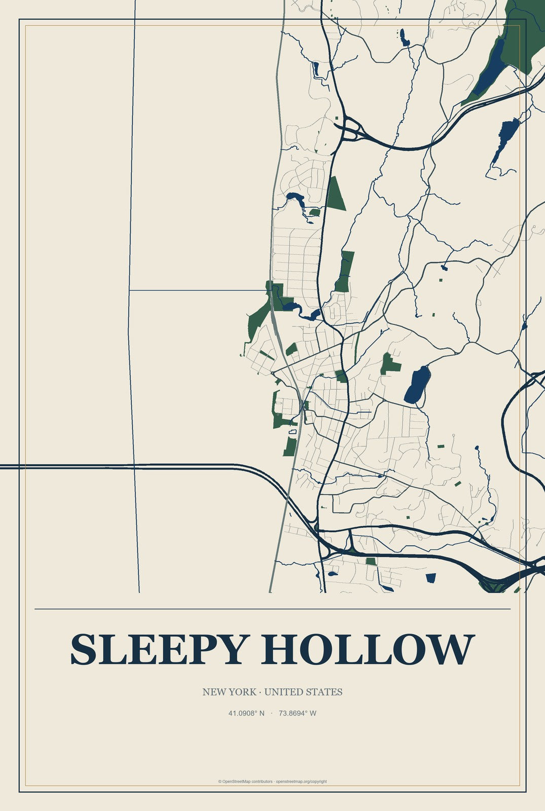 Sleepy Hollow, New York City Map Aluminum Sign in Coastal Cutout style