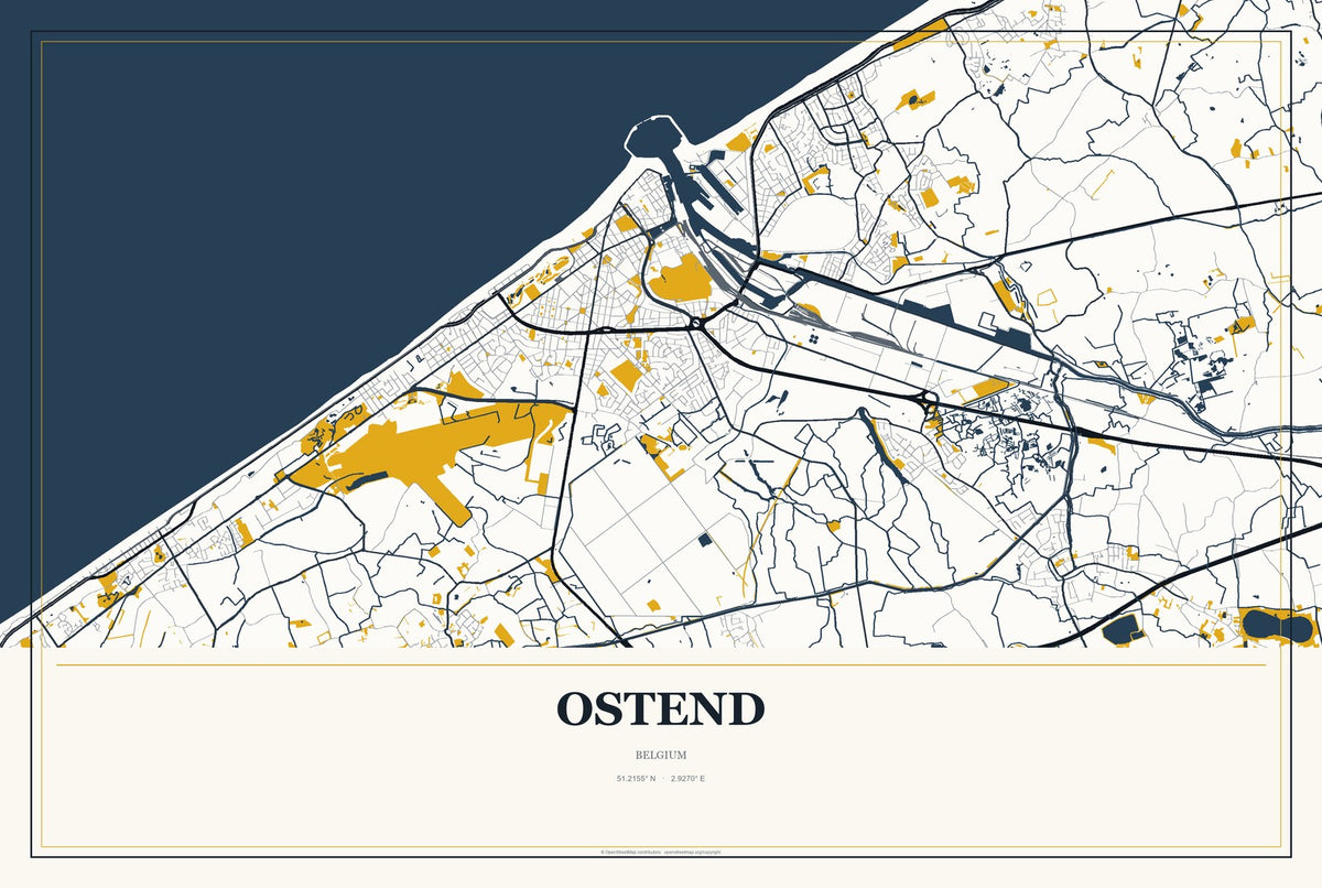Ostend, Belgium City Map Aluminum Sign in Citrine Modern style
