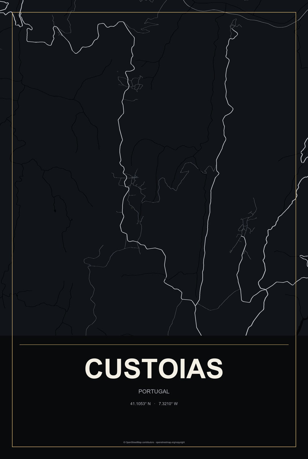 Custoias, Portugal City Map Aluminum Sign in Metropolitan Noir style