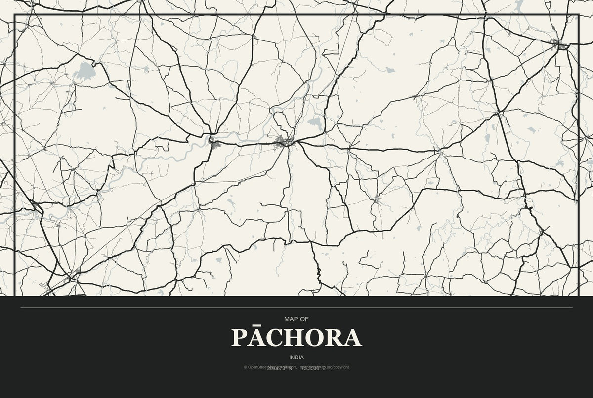 Pāchora, India City Map Aluminum Sign in Museum Plaque style