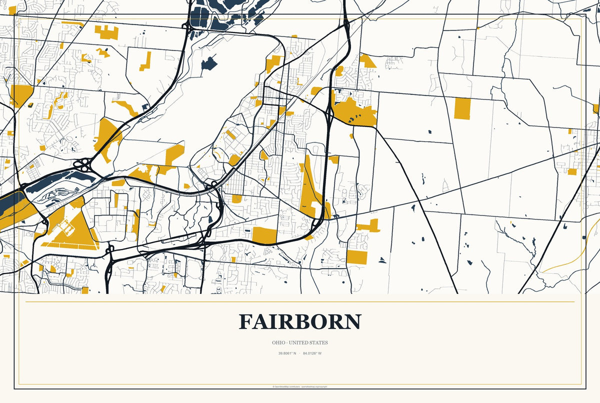 Fairborn, Ohio City Map Aluminum Sign in Citrine Modern style