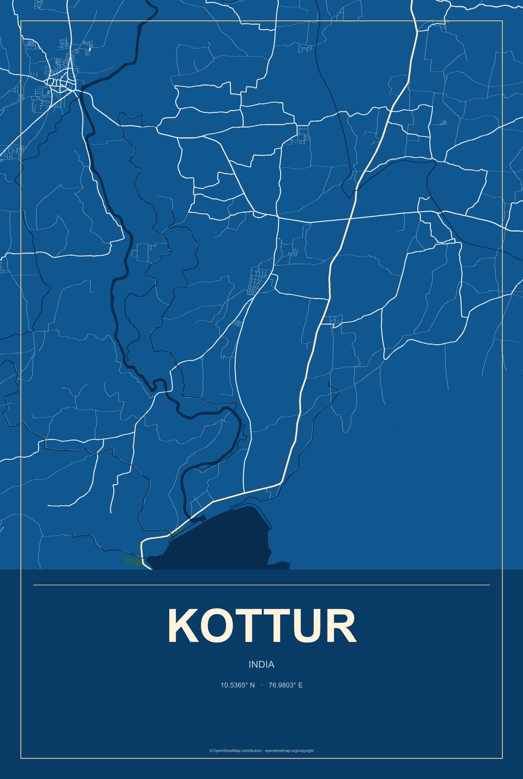 Kottur, India City Map Aluminum Sign in Harbor Cobalt style