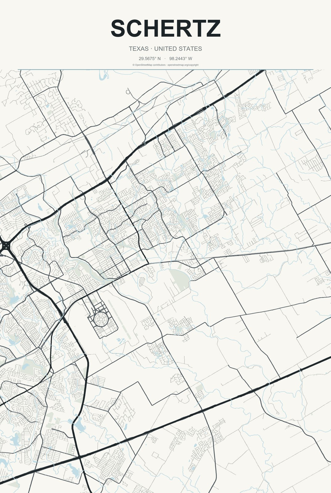 Schertz, Texas City Map Aluminum Sign in Headline Atlas style