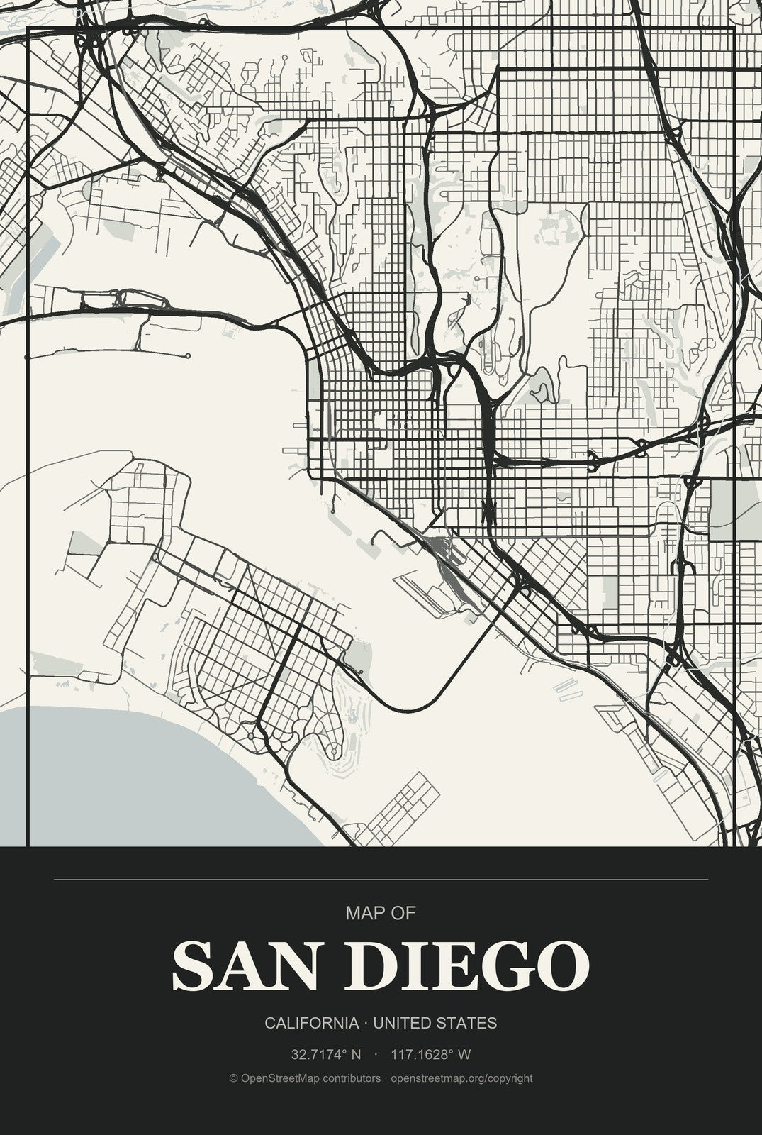 San Diego, California City Map Aluminum Sign in Museum Plaque style