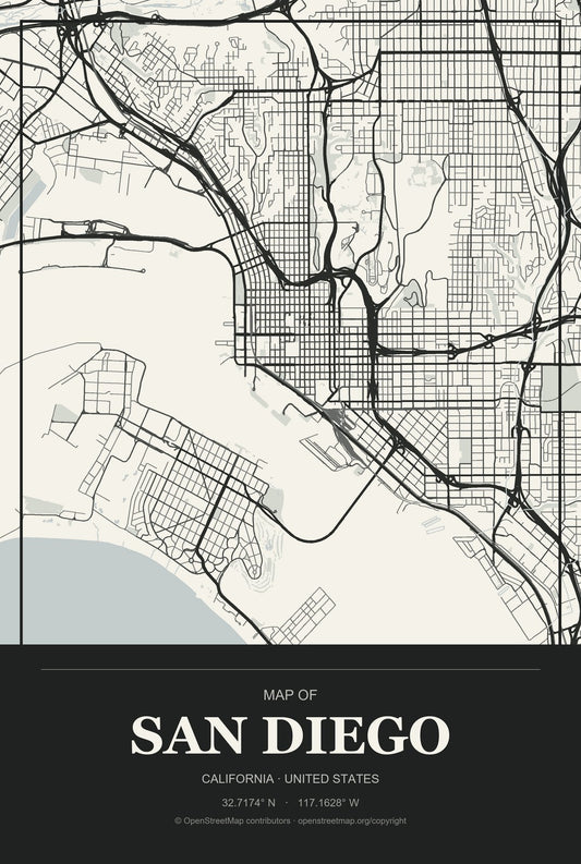 San Diego, California City Map Aluminum Sign in Museum Plaque style