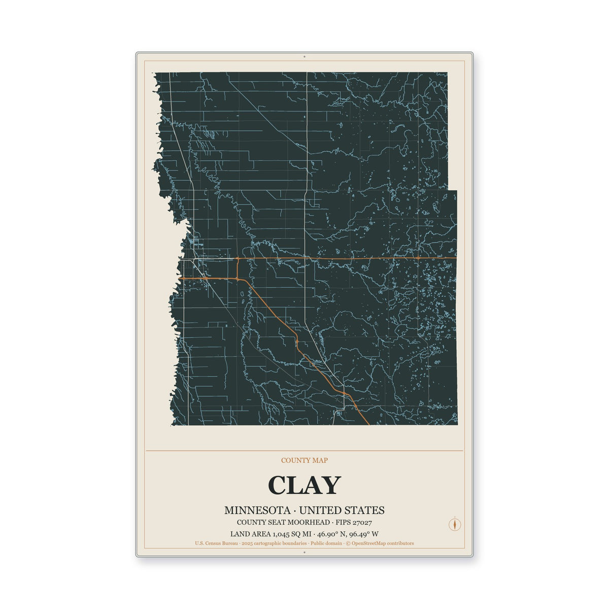 Clay County, Minnesota Map Aluminum Sign in Headline Atlas style