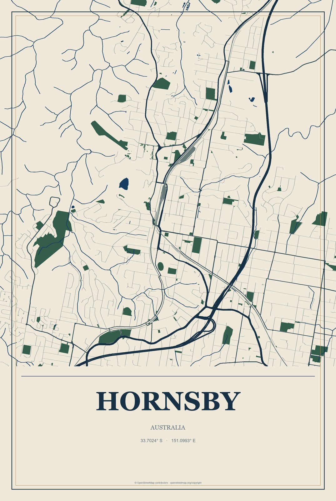 Hornsby, Australia City Map Aluminum Sign in Coastal Cutout style