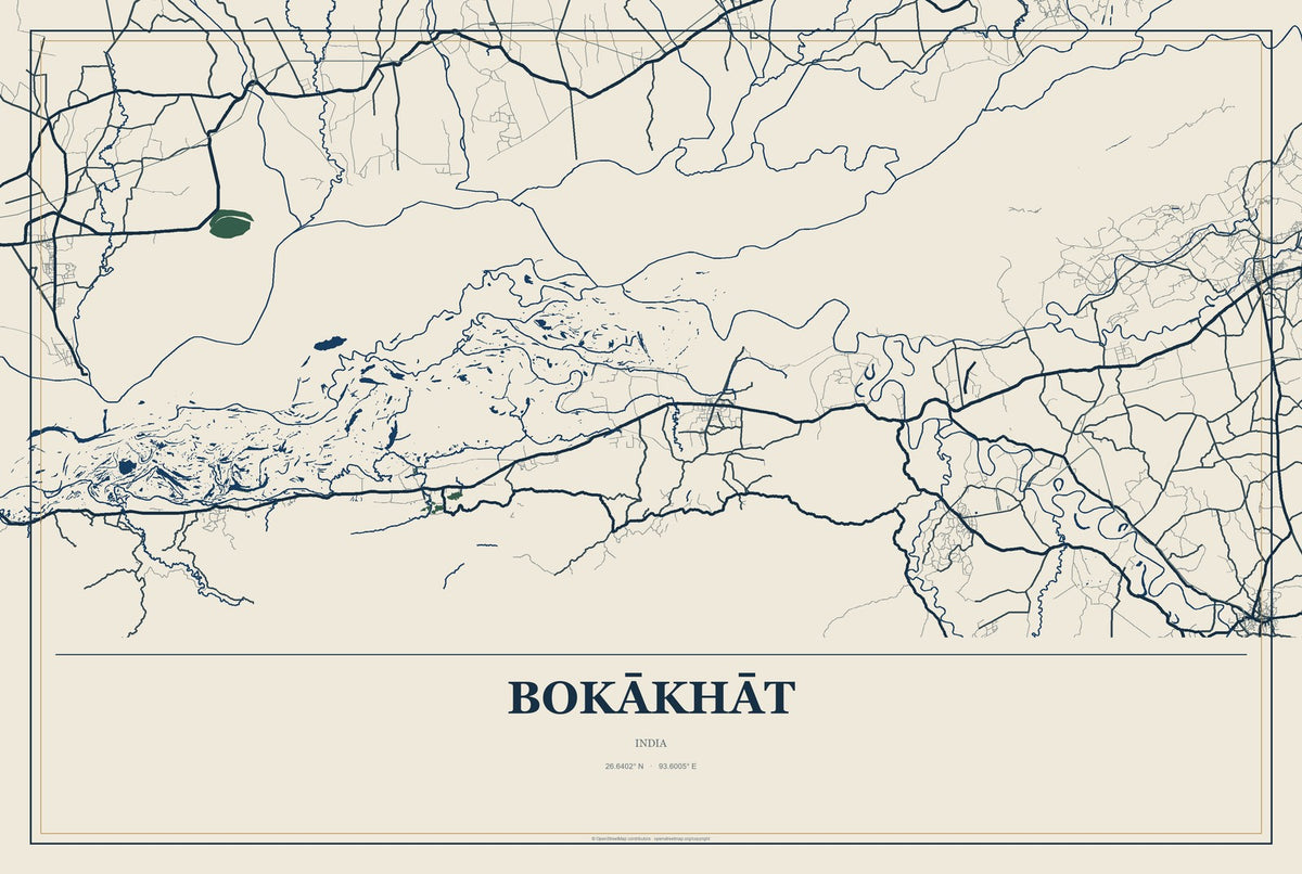 Bokākhāt, India City Map Aluminum Sign in Coastal Cutout style