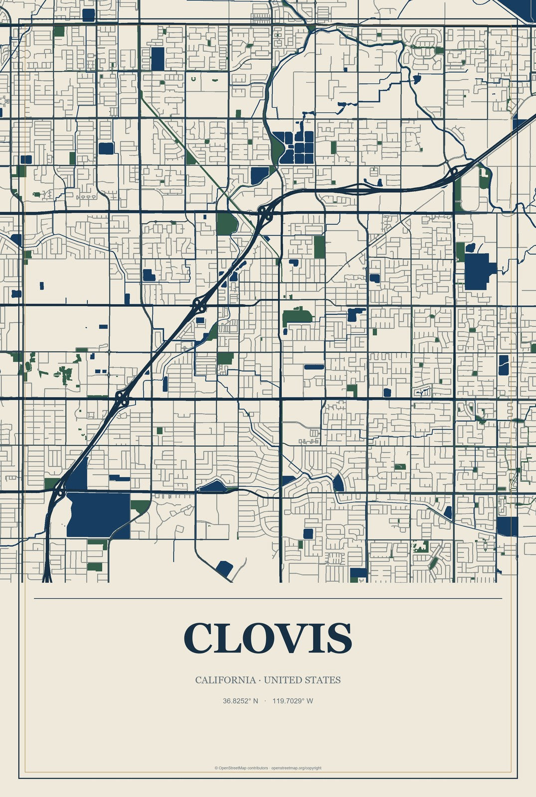 Clovis, California City Map Aluminum Sign in Coastal Cutout style