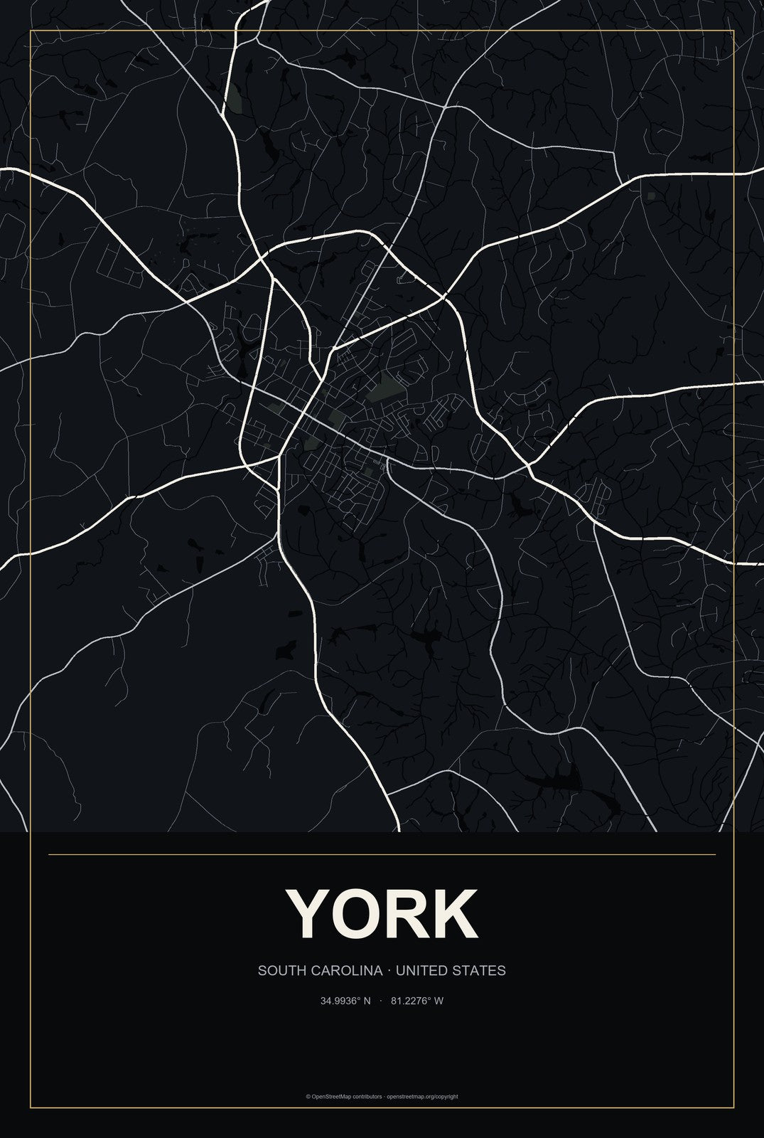 York, South Carolina City Map Aluminum Sign in Metropolitan Noir style