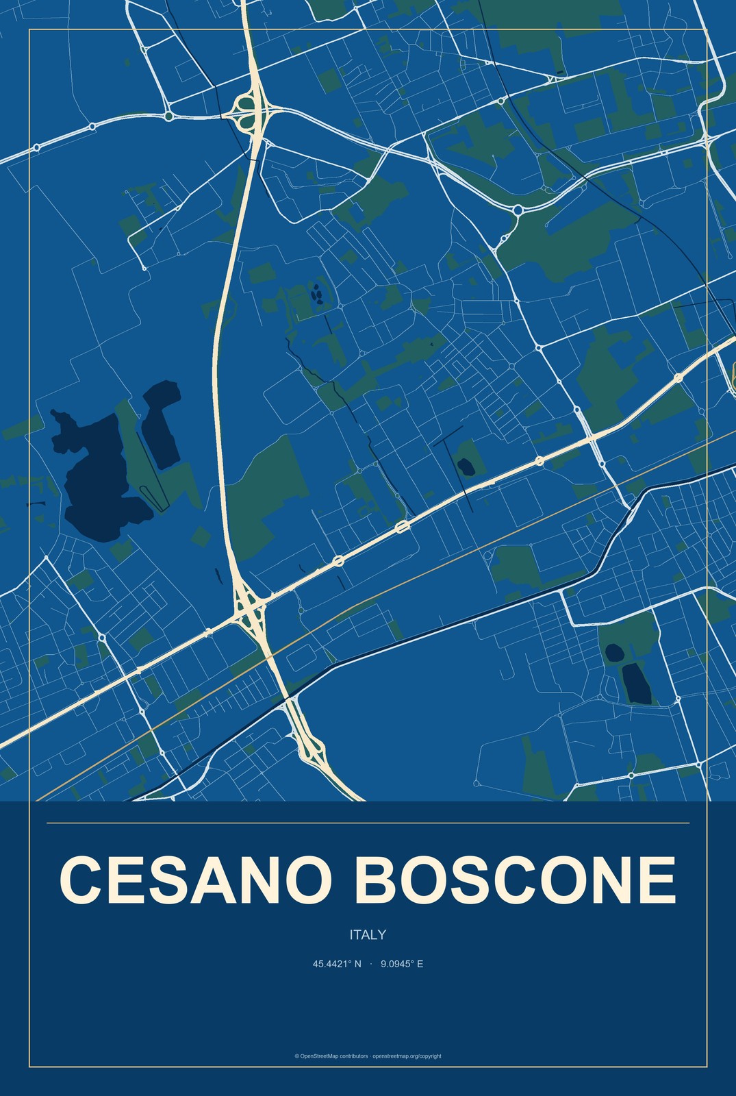 Cesano Boscone, Italy City Map Aluminum Sign in Harbor Cobalt style