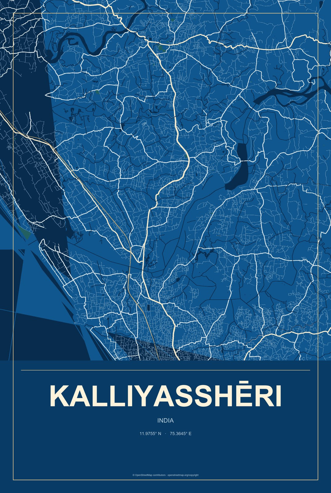 Kalliyasshēri, India City Map Aluminum Sign in Harbor Cobalt style