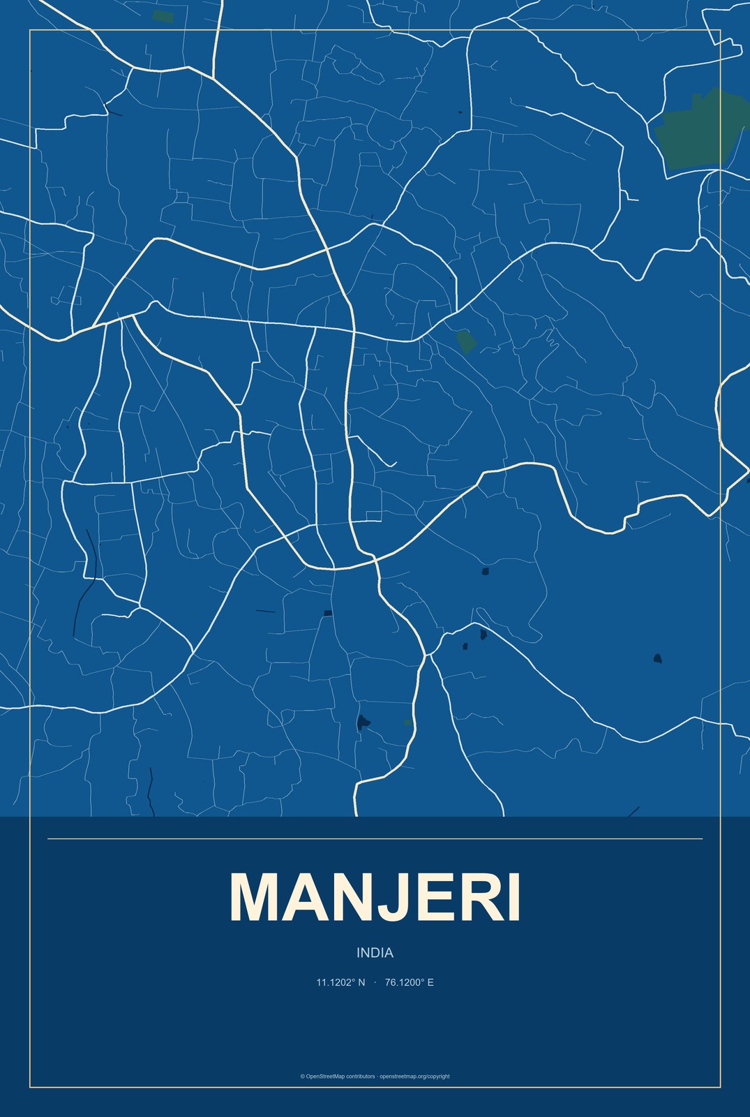 Manjeri, India City Map Aluminum Sign in Harbor Cobalt style
