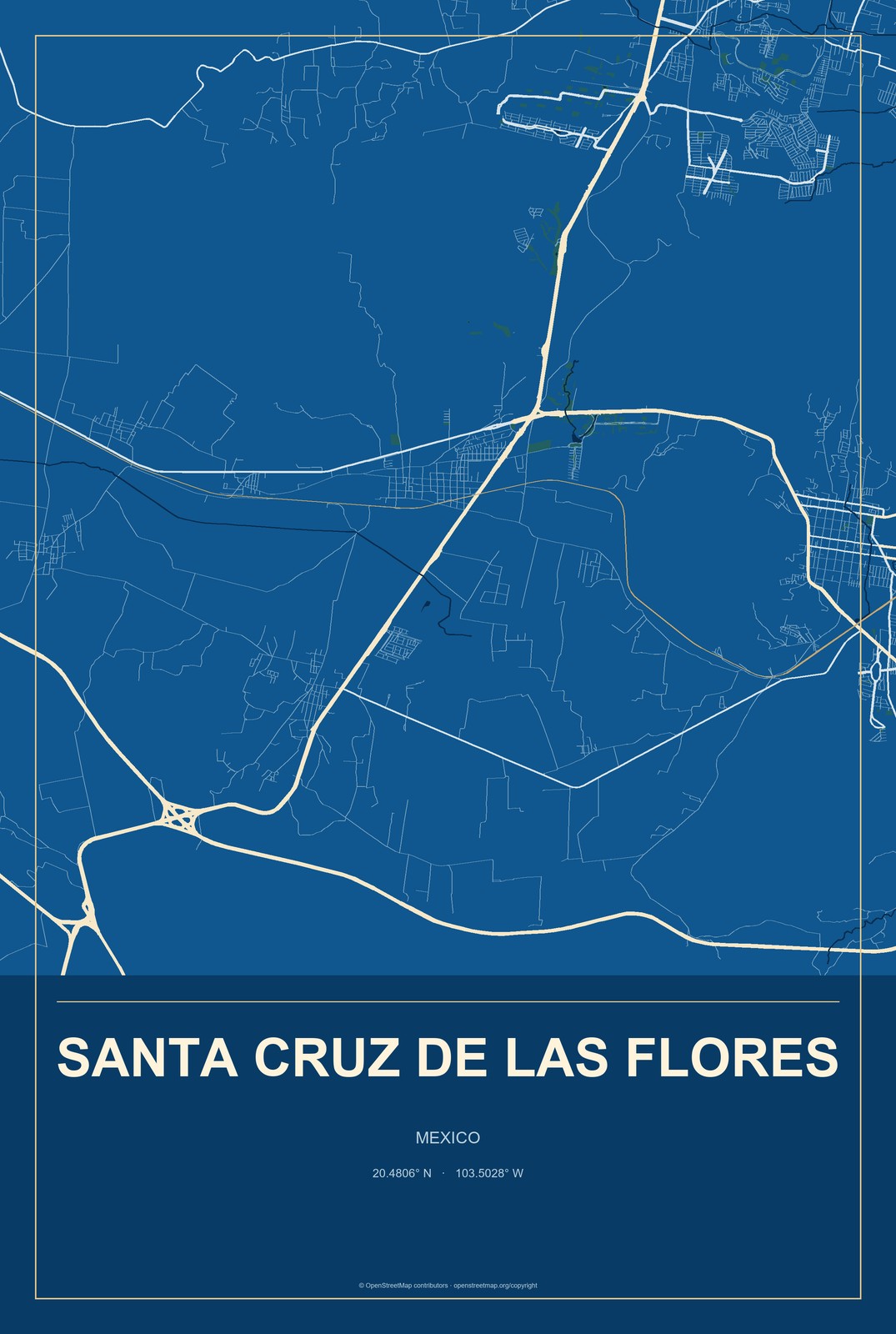 Santa Cruz de las Flores, Mexico City Map Aluminum Sign in Harbor Cobalt style
